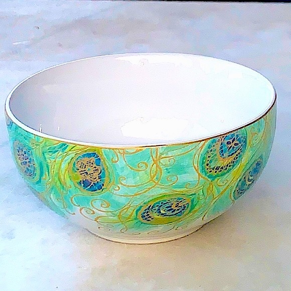 222 FIFTH LAKSHMI CEREAL SOUP BOWL PEACOCK FEATHERS PORCELAIN NEW - Picture 2 of 6